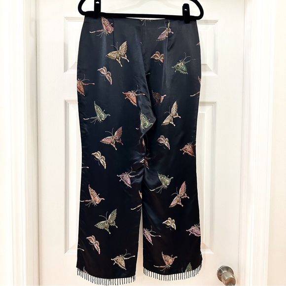 Vintage Black Satin Butterfly Embroidered Beaded Fringe high Waist Pant - Picture 5 of 6